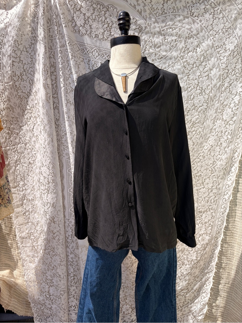 Vintage 80s Black Silk Button Down Blouse Satin Trim Collar Medium